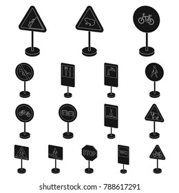Different types of road signs black icons in set collection for design. Warning and prohibition signs vector symbol stock web illustration.