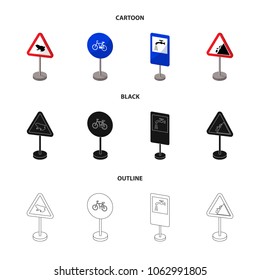 Different types of road signs cartoon,black,outline icons in set collection for design. Warning and prohibition signs vector symbol stock web illustration.