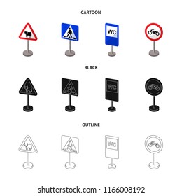 Different types of road signs cartoon,black,outline icons in set collection for design. Warning and prohibition signs vector symbol stock web illustration.