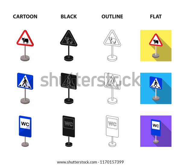 Different types of road signs cartoon,black,outline,flat icons in set ...