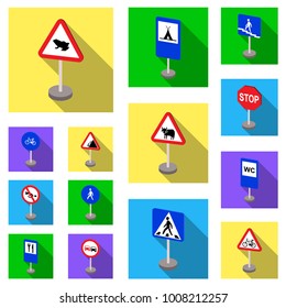 Different types of road signs flat icons in set collection for design. Warning and prohibition signs vector symbol stock web illustration.