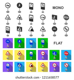 Different types of road signs flat icons in set collection for design. Warning and prohibition signs vector symbol stock web illustration.