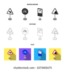 Different types of road signs flat,outline,monochrome icons in set collection for design. Warning and prohibition signs vector symbol stock web illustration.
