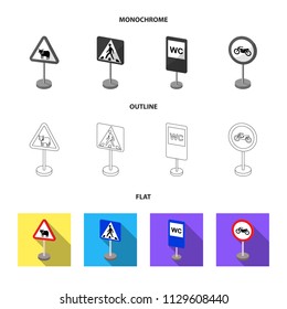 Different types of road signs flat,outline,monochrome icons in set collection for design. Warning and prohibition signs vector symbol stock web illustration.