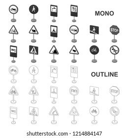 Different types of road signs monochrom icons in set collection for design. Warning and prohibition signs vector symbol stock web illustration.