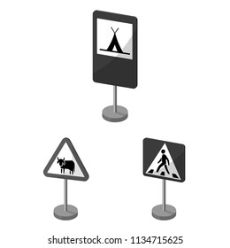Different types of road signs monochrome icons in set collection for design. Warning and prohibition signs vector symbol stock web illustration.