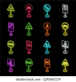 Different types of road signs neon icons in set collection for design. Warning and prohibition signs vector symbol stock web illustration.