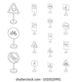 Different types of road signs outline icons in set collection for design. Warning and prohibition signs vector symbol stock web illustration.