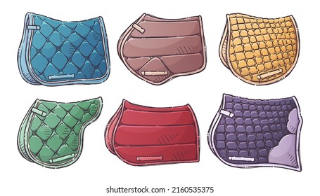 Different types of saddle pads. Collection equestrian ammunition for backgrounds, textile, postcards, t-shirt prints. Saddle pads of various shapes. Set elements for horses. Vector hand drawn style.