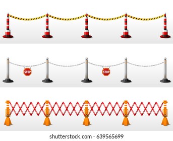 Different types of safety barriers. Crowd control stanchions with tape, bollards with chain and expandable barricade