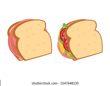 Different Types of Sandwiches vector. Salami sandwich icon. Bologna sandwich vector. Sandwich with ham, cheese and vegetables vector. Different sandwiches isolated on white background. Healthy snack