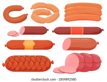 Different types of sausage, Sliced sausage, doctor's. Isolated vector illustration