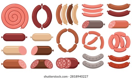 Different types of sausages, cured meats, salami, chorizo, wieners, array of sizes and styles, food items.