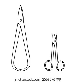 Different types of scissors, sketch of the silhouette of dentist tools. Concept of dentistry, orthodontics and medical instruments