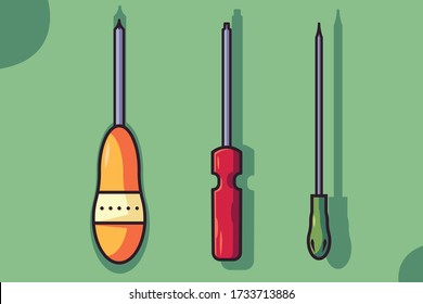 Different Types of Screwdrivers Vector Illustration.  Flat Cartoon Style