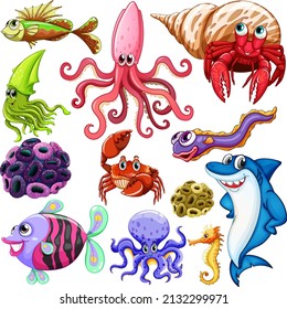 Different types of sea animals illustration