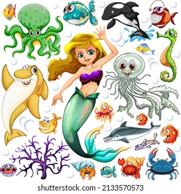Different types of sea animals illustration