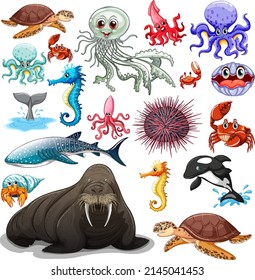 Different types of sea animals illustration