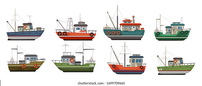 Different types of sea boats flat style set vector illustration. Fishing ships with various colours flat style. Sailboats for ocean access. Isolated on white background