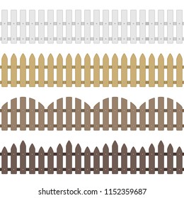 Different types seamless wooden fence. Set of garden fences isolated on white background. Wood boards silhouette construction in flat style. Vector illustration. EPS 10.