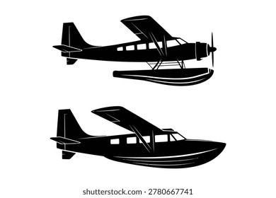 Different types of seaplanes and floatplanes vector silhouette set with seaplane