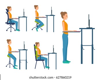 Different types seats. Saddle chair, standing workplace, kneeling chair, chair with orthopedic pillows, adjustable office ergonomic chair. Illustration set about healthy natural posture work sitting.