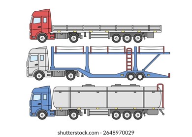 Diferentes tipos de semirreboques. Reboques de caminhão, carro porta-aviões, caminhão-tanque