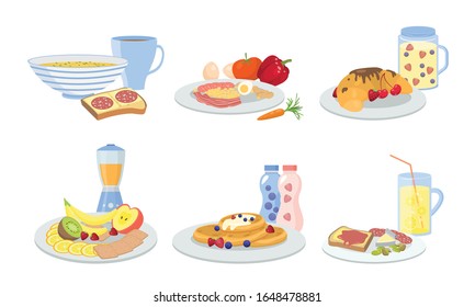 Different types of served healthy breakfast sets vector illustration