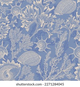 Different types of shells and corals. Seamless pattern. Sea style. Underwater life. Luxurious drawing. 库存矢量图