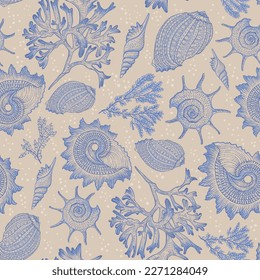 Different types of shells and corals. Seamless pattern. Sea style. Underwater life. Luxurious drawing.