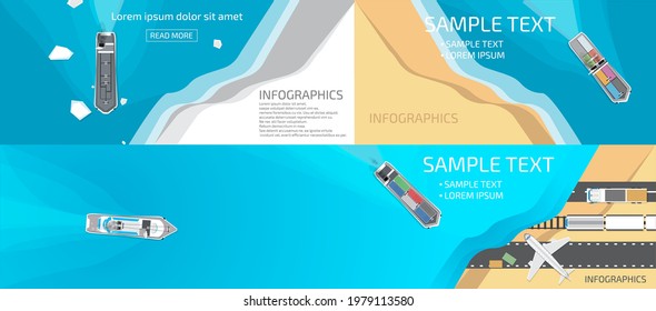 
Different types of ships, in the sea or ocean, and land transport, infographics