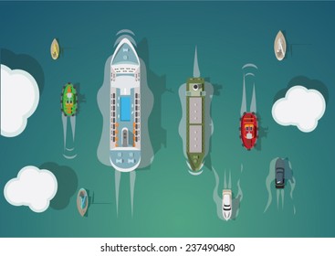 Different types of ships. Top view. Vector set.
