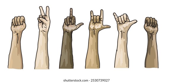  Diferentes tipos de signos de manos con diferentes colores de piel Las personas luchan contra el gesto de roca lineal realista ilustración de color sobre fondo blanco