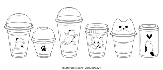 Different types and sizes of plastic drinking glasses with cat designs. Drinks and soft drinks to go.  In doodle style. Dancing cute cat. The cat's paw shows the heart.