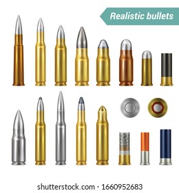 Different Types And Sizes Of Weapon Ammo   Including Bullets And Cartridges Realistic Set Isolated Vector Illustration