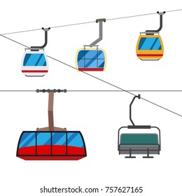 Different types of ski kabins with ropes. Isolated on white background 