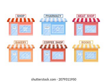 Different types of small commercial shops bakery, coffee, pharmacy, meat, book building. Purchase goods in private store. Vector illustration
