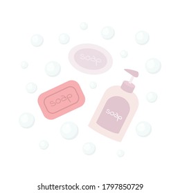 Different types of soaps. Solid and liquid soap. Personal hygiene products. Vector icons. Flat illustration isolated on white background.