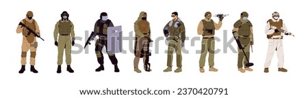 Different types of soldiers set. People, men in military uniform with guns: sharpshooter, tanker, swat, sniper, aviator, uav operator, sapper, scout. Armed forces. Flat isolated vector illustration