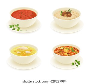 Different types of soup isolated on white background vector