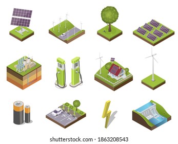 Different types and sources of alternative energy. Solar power, new age industry. Vector flat style cartoon illustration isolated on white background