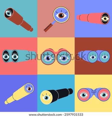 Different types of spyglasses, telescopes, binoculars icons set. Searching vector illustration