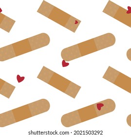 Different types of sticking tape for first aid use,  with hearts, vector seamless pattern, transparent background