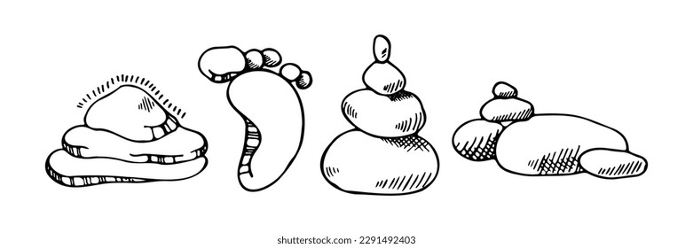 Diferentes tipos de piedras. Rocas decorativas para relajarse y para el spa. Imágenes dibujadas a mano por vectores al estilo de doodle. Ilustraciones de arte en línea 