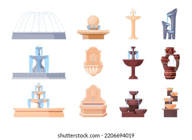 Different types of street fountains. Decoration of the territory. Beautiful park fountains for the city. Vector illustration