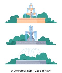 Different types of street fountains. Decoration of the territory. Beautiful park fountains for the city. Vector illustration