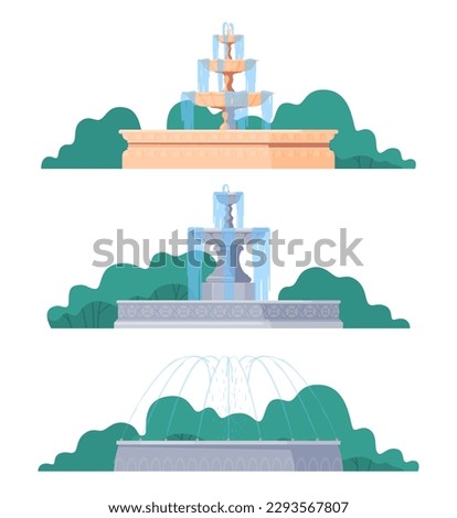 Different types of street fountains. Decoration of the territory. Beautiful park fountains for the city. Vector illustration