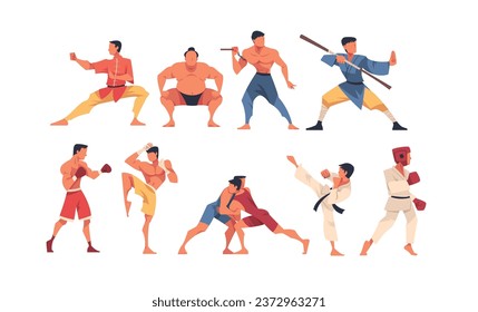 Different Types of Struggle with Man Engaged in Martial Arts Vector Set