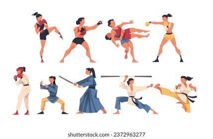 Different Types of Struggle with Woman Engaged in Martial Arts Vector Set