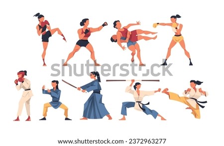 Different Types of Struggle with Woman Engaged in Martial Arts Vector Set